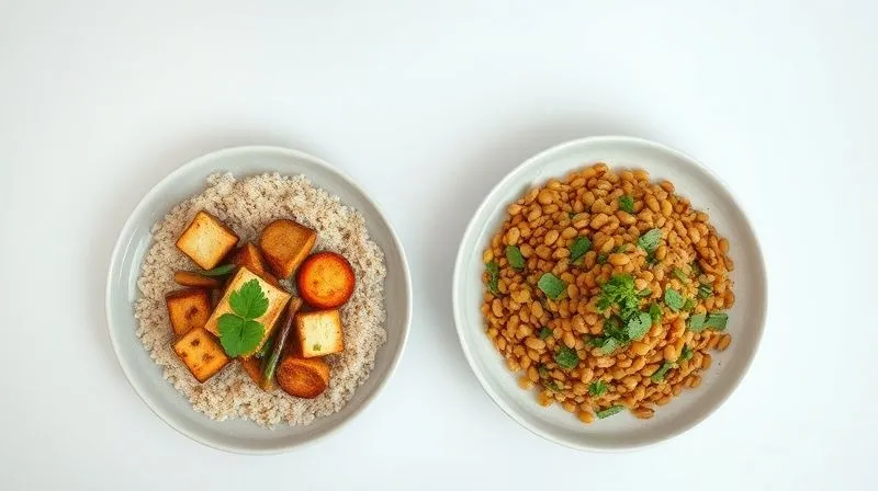 A photorealistic, top-down shot of two distinct, beautifully plated vegetarian buckwheat dishes. One is a warm dish with tofu and roasted vegetables, the other is a fresh salad with lentils and herbs. Both are visually appealing, emphasizing healthy eating and diverse textures. Professional photography, 8K, cinematic lighting, sharp focus on both plates, depth of field blurring a clean, minimalist background.