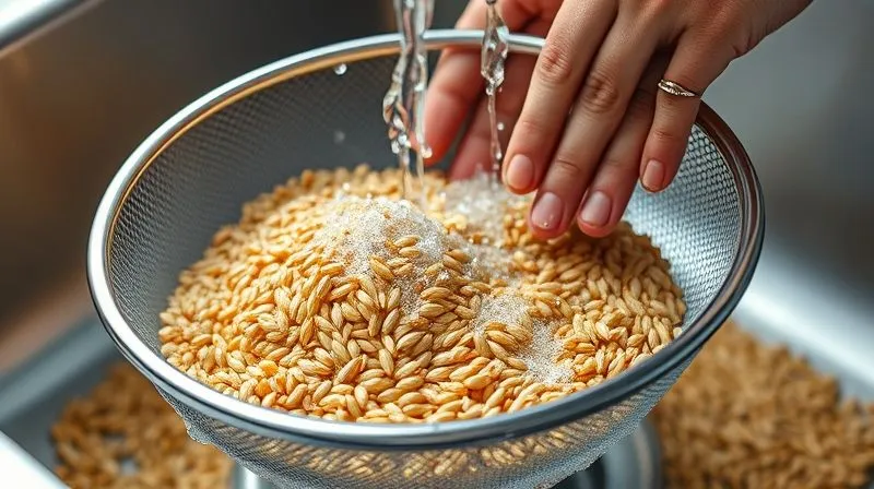 A close-up, photorealistic image of golden millet grains being thoroughly rinsed under a stream of cold water in a fine-mesh sieve, with a hand gently stirring the grains. The background is a clean, modern kitchen sink. Cinematic lighting, sharp focus on the grains, depth of field blurring the background. 8K, professional photography, shot on a high-end DSLR.