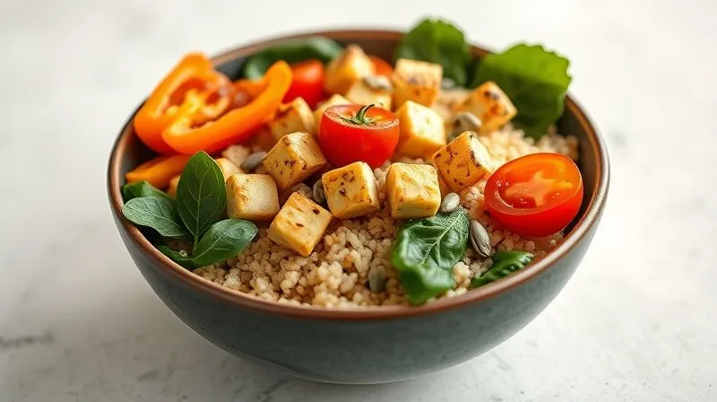 A vibrant, photorealistic bowl of perfectly cooked millet, generously topped with an assortment of colorful, fresh vegetables (like roasted bell peppers, spinach, cherry tomatoes), grilled tofu cubes, and a sprinkle of pumpkin seeds. The dish is beautifully arranged, presented on a light, minimalist background with soft, natural lighting. Sharp focus on the food, depth of field blurring the background. 8K, professional photography, shot on a high-end DSLR, evoking health and deliciousness.
