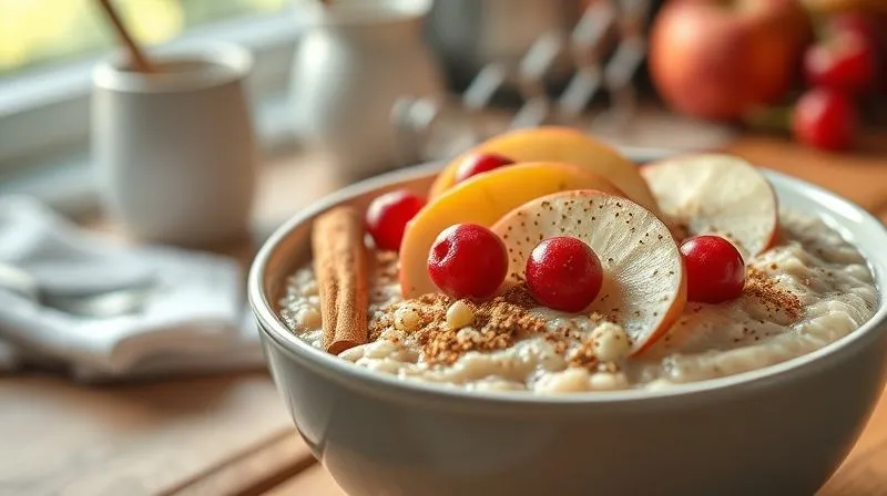 A close-up, photorealistic shot of a steaming bowl of sweet millet porridge, topped with fresh apple slices, a sprinkle of cinnamon, and vibrant red berries. The background is a soft-focused, cozy kitchen setting with natural morning light. The image conveys warmth, comfort, and healthy indulgence. 8K, professional photography, shot on a high-end DSLR.