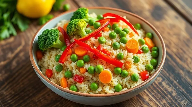 A photorealistic image of a vibrant, colorful bowl of millet cooked with various fresh vegetables like broccoli florets, red bell pepper strips, green peas, and carrots, all lightly steamed and mixed into the fluffy millet. The dish is presented on a rustic wooden table, with natural light highlighting the freshness of the ingredients. professional photography, 8K, cinematic lighting, sharp focus, depth of field, shot on a high-end DSLR.