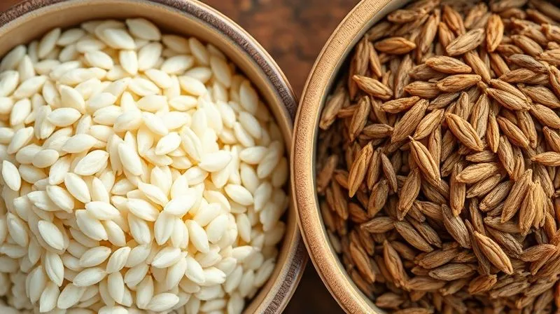 A close-up, photorealistic image of two bowls side-by-side: one with white rice groats, the other with brown rice groats, highlighting their textural differences. Cinematic lighting, sharp focus, depth of field, 8K, shot on a high-end DSLR.