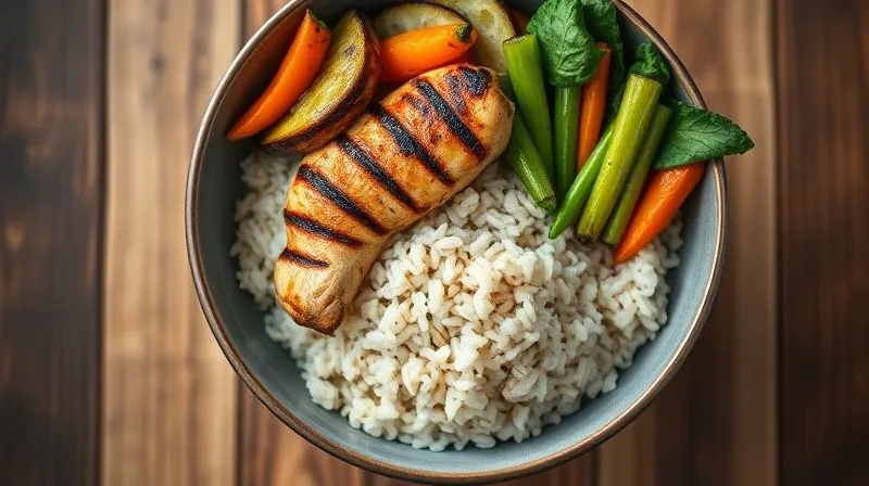 A photorealistic overhead shot of a perfectly portioned meal in a bowl, featuring rice groats, grilled chicken, and colorful steamed vegetables. The composition emphasizes balance and and healthy eating. 8K, cinematic lighting, sharp focus, depth of field, shot on a high-end DSLR.