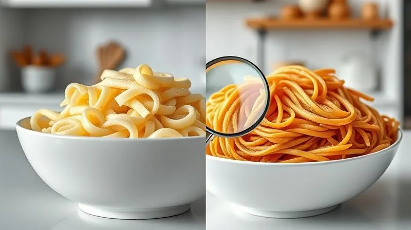 Photorealistic, professional photography, 8K, cinematic lighting, sharp focus, depth of field. A split image showing two bowls of pasta side-by-side. On the left, a bowl of white pasta looking less substantial. On the right, a bowl of rich, brown whole-wheat pasta, visibly more fibrous and hearty, with a small magnifying glass hovering over it, emphasizing its texture and health benefits. The background is a clean, modern kitchen.