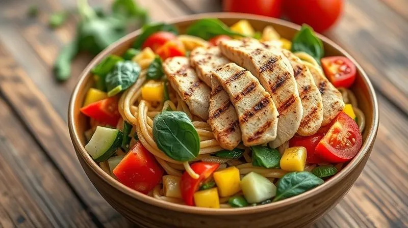 Photorealistic, professional photography, 8K, cinematic lighting, sharp focus, depth of field. A vibrant, colorful bowl of whole-wheat pasta generously mixed with a medley of fresh, chopped vegetables like bell peppers, zucchini, cherry tomatoes, and spinach. On top, perfectly grilled chicken breast strips are neatly arranged. The dish is presented on a rustic wooden table with natural light, emphasizing freshness and a healthy lifestyle.