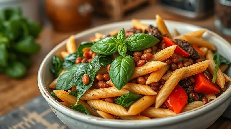 Photorealistic, professional photography, 8K, cinematic lighting, sharp focus, depth of field. A beautifully arranged, steaming bowl of whole-wheat penne pasta mixed with bright green spinach, rich red lentils, and roasted, caramelized vegetables like bell peppers and zucchini. The dish is garnished with fresh basil leaves. The setting is a cozy, naturally lit kitchen, highlighting the warmth and wholesome nature of the vegan meal.