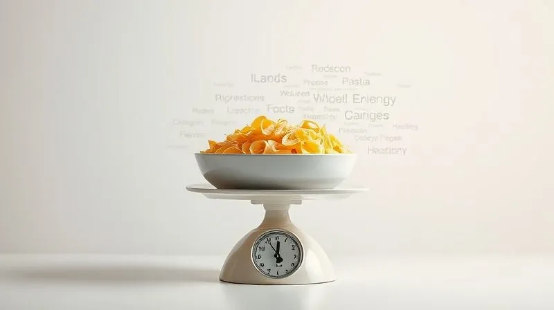 Photorealistic, professional photography, 8K, cinematic lighting, sharp focus, depth of field. A conceptual image depicting a weighing scale with a bowl of whole-wheat pasta on one side and a pile of misconceptions (represented by distorted, blurred text bubbles) on the other. The pasta side is clearly heavier and sharper in focus, symbolizing facts and healthy choices outweighing myths. The background is clean and neutral, emphasizing clarity and truth.