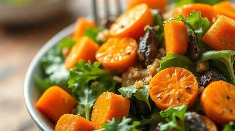 A professional, photorealistic close-up of a vibrant, healthy salad bowl with prominent, perfectly cooked carrot slices, mixed with leafy greens and a light dressing, suggesting fullness and nutritional value. Cinematic lighting, sharp focus, depth of field, 8K.
