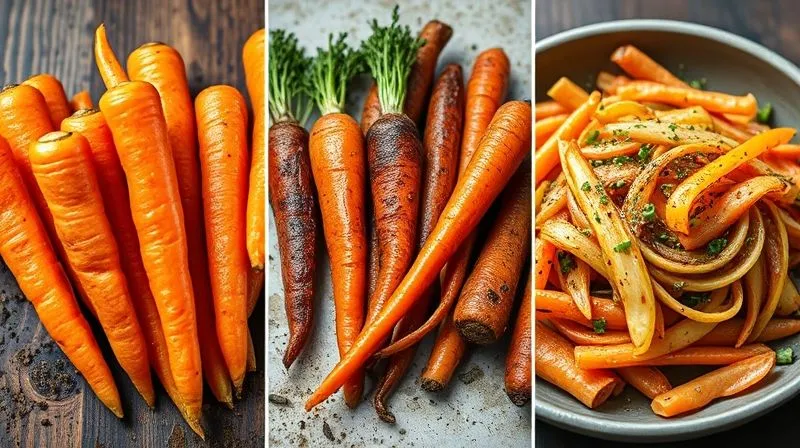 A dynamic, professional photography collage showing three distinct carrot preparations: perfectly steamed carrots (vibrant orange, crisp), beautifully roasted carrots (slightly caramelized edges), and blanched carrots quickly stir-fried with herbs (fresh, crunchy look). Each section is clearly defined, with cinematic lighting and sharp focus. 8K.
