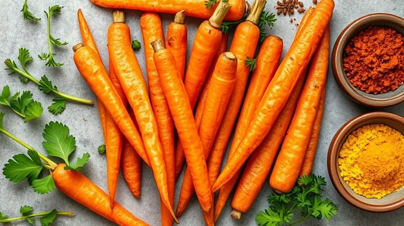 A vibrant, professional flat lay photography of perfectly cooked carrot sticks next to an array of fresh herbs (parsley, dill, cilantro) and aromatic spices (cumin, turmeric, smoked paprika) in small bowls, illustrating flavor possibilities. Cinematic lighting, sharp focus, depth of field, 8K.