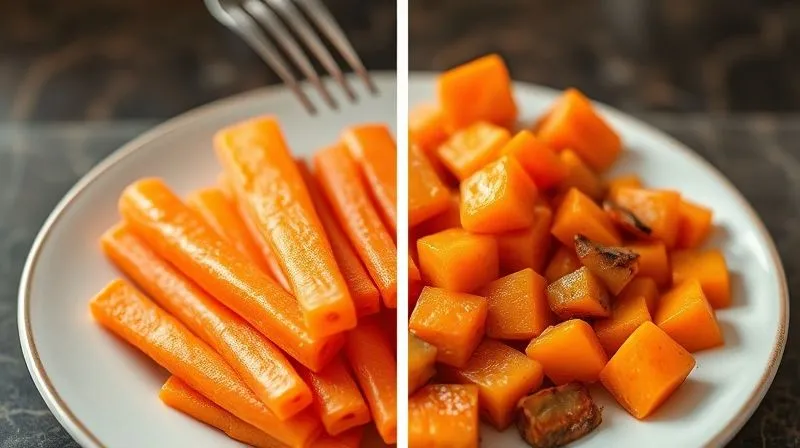 A professional, photorealistic comparative image: on the left, a plate of perfectly steamed, vibrant, firm carrot sticks; on the right, a plate of mushy, dull, overcooked carrot pieces. Cinematic lighting, sharp focus on both, depth of field. 8K, emphasizing the visual difference in quality.