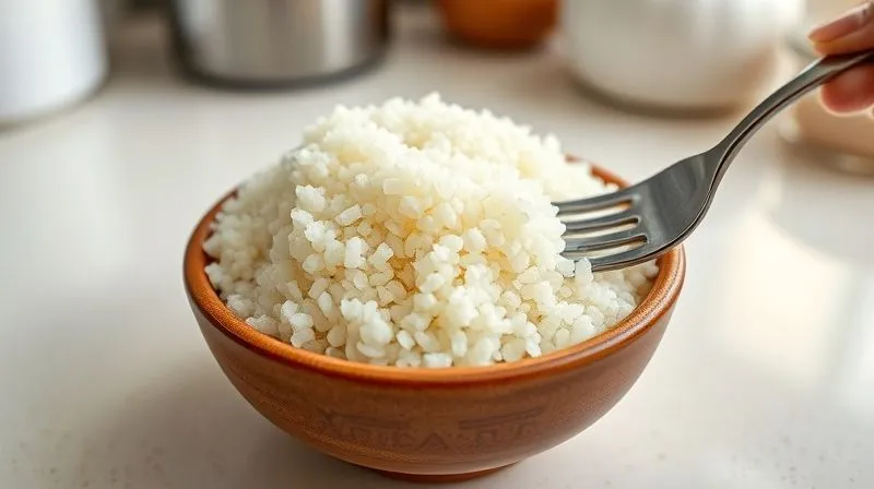 A close-up, photorealistic image of perfectly cooked, fluffy white quinoa in a small ceramic bowl, with a fork gently fluffing it. The background is a clean, minimalist kitchen counter. Cinematic lighting, sharp focus on the quinoa, depth of field, 8K hyper-detailed, shot on a high-end DSLR.