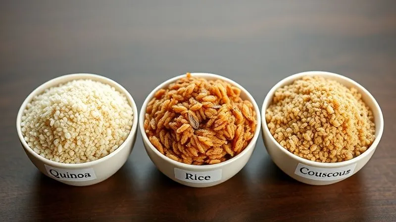 A side-by-side comparison, photorealistic image of three small, labeled bowls: one with cooked white quinoa, one with cooked brown rice, and one with whole wheat couscous. Each bowl is perfectly lit to highlight its texture and color. A small, elegant infographic overlay (subtle, no text) uses icons to suggest nutritional differences (e.g., a protein symbol next to quinoa). Cinematic lighting, sharp focus on the bowls, depth of field, 8K hyper-detailed, shot on a high-end DSLR.