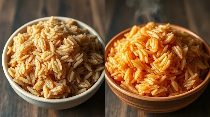 A side-by-side photorealistic comparison of two bowls of brown rice. On the left, a bowl of dry, clumpy, unappetizing brown rice with dull color. On the right, a bowl of fluffy, perfectly separated, glossy brown rice with a vibrant, rich color, steam gently rising. Cinematic lighting, sharp focus, 8K hyper-detailed, shot on a high-end DSLR, illustrating the difference between poorly cooked and perfectly cooked healthy brown rice.