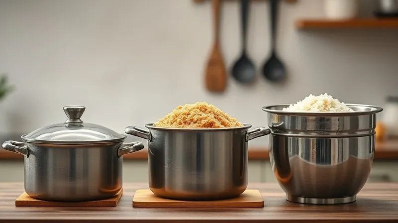 A professional photography shot showcasing three different cooking methods for brown rice: a classic pot with a tight lid, a large pot with a colander for draining, and a modern stainless steel steamer basket. Each setup is clean and well-lit, emphasizing efficiency and healthy preparation. 8K hyper-detailed, cinematic lighting, sharp focus on the equipment, depth of field blurring a minimalist kitchen background, shot on a high-end DSLR.