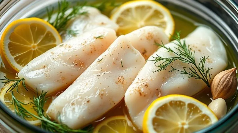 A close-up, photorealistic image of white fish fillets marinating in a glass dish with fresh lemon slices, dill, garlic cloves, and olive oil, bathed in soft cinematic light, sharp focus on the glistening fish, depth of field blurring the background, 8K, professional photography.