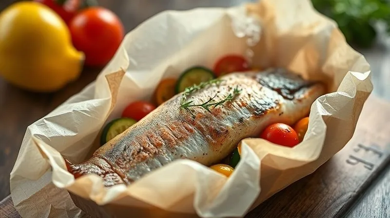 A professional photography shot of a steaming fish fillet baked in a parchment paper 'papillote' with colorful vegetables (zucchini, cherry tomatoes, herbs), just opened to reveal the perfectly cooked, moist fish, steam gently rising, cinematic lighting, 8K, sharp focus.