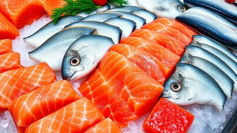 Photorealistic image of a variety of fresh fish fillets on ice at a fish market, including salmon, cod, and mackerel, with vibrant colors and natural light, professional food photography.