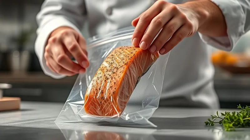 Photorealistic image of a chef's hands carefully placing a seasoned salmon fillet into a vacuum seal bag for sous vide cooking, with a modern kitchen background and soft, diffused lighting, emphasizing precision and culinary artistry.