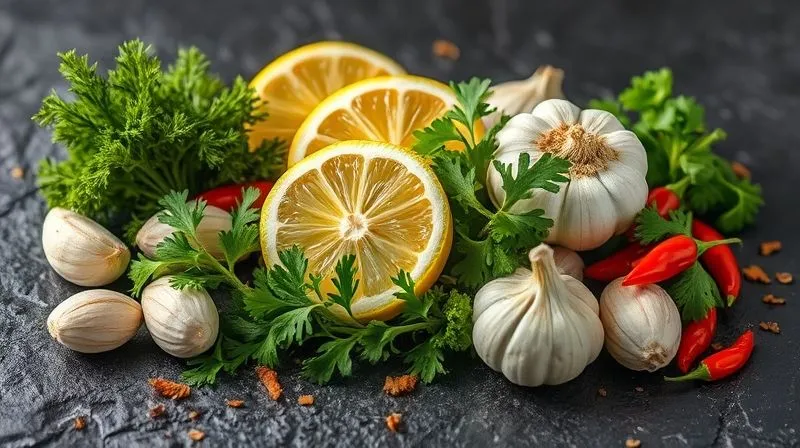 Photorealistic close-up of various fresh herbs and spices, including dill, parsley, lemon wedges, garlic cloves, and chili flakes, artfully arranged on a dark stone background, with dramatic lighting, highlighting their texture and color.