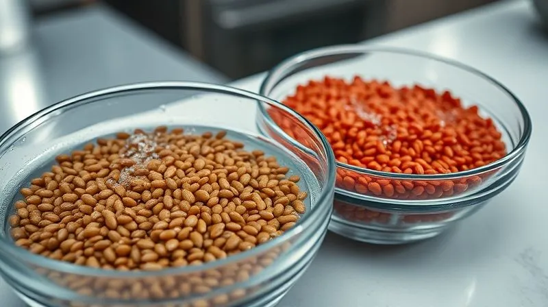 photorealistic, professional photography, 8K, cinematic lighting, sharp focus, depth of field, shot on a high-end DSLR of a clear glass bowl filled with brown lentils soaking in fresh water, with small bubbles visible, next to another bowl of thoroughly rinsed, sparkling clean red lentils. The background is a clean, modern kitchen counter, suggesting preparation and hygiene.