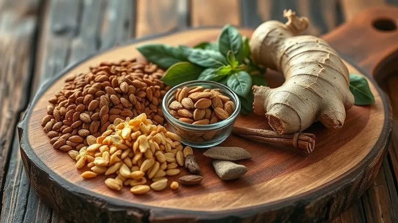 photorealistic, professional photography, 8K, cinematic lighting, sharp focus, depth of field, shot on a high-end DSLR of a rustic wooden board displaying various digestion-aiding spices: whole cumin seeds, fresh ginger root, a small container of asafoetida, dried bay leaves, and marjoram. The spices are arranged aesthetically with soft, warm light.