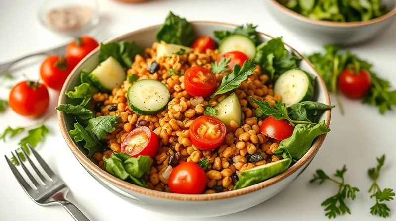 photorealistic, professional photography, 8K, cinematic lighting, sharp focus, depth of field, shot on a high-end DSLR of a beautifully arranged, colorful vegan lentil salad in a modern bowl, with fresh mixed greens, cherry tomatoes, cucumber, and a light lemon-herb dressing. The meal looks appetizing and light, set on a bright, minimalist table.