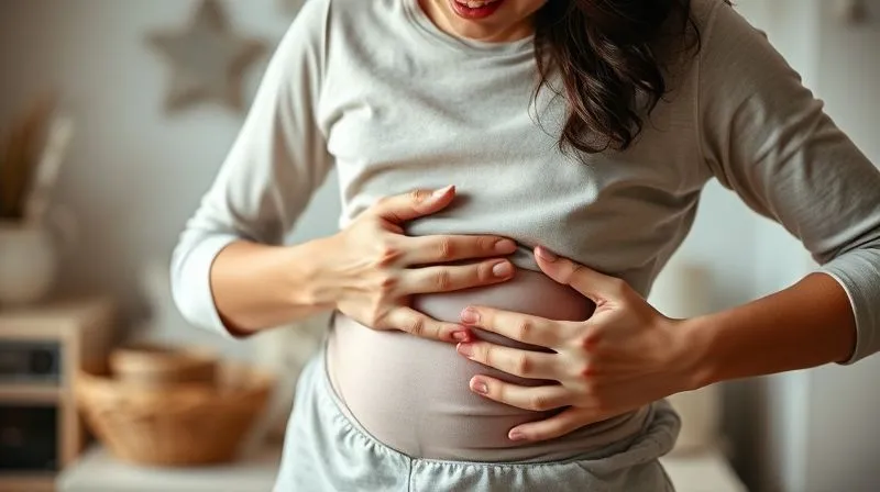 photorealistic, professional photography, 8K, cinematic lighting, sharp focus, depth of field, shot on a high-end DSLR of a serene person, smiling gently, holding their flat stomach with a sense of comfort and well-being. The background is soft and warm, suggesting a relaxed home environment after a satisfying, healthy meal.