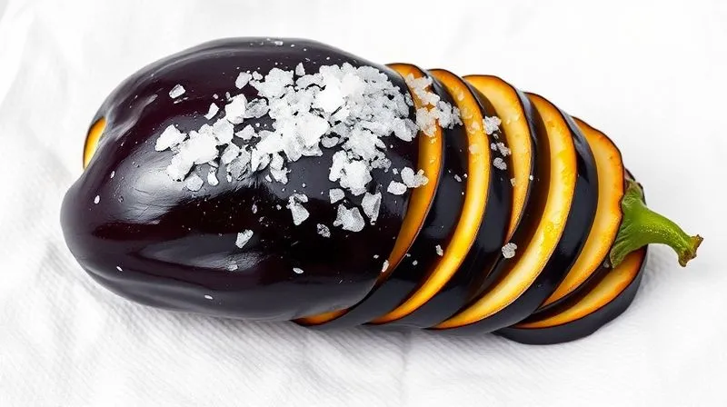 Photorealistic, professional photography, 8K, cinematic lighting, sharp focus, depth of field, shot on a high-end DSLR. Sliced eggplant covered with coarse sea salt, resting on paper towels, with water droplets visibly drawn out of the vegetable, ready to be rinsed. The scene is well-lit and clean, emphasizing the preparation process.