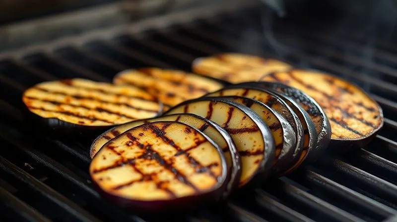 Photorealistic, professional photography, 8K, cinematic lighting, sharp focus, depth of field, shot on a high-end DSLR. Sliced eggplant pieces with perfect, dark grill marks, cooking on a hot, clean grill grate. Steam is subtly rising, indicating proper heat. The background is slightly blurred, focusing on the grilling action. No oil is visible on the grate or eggplant.