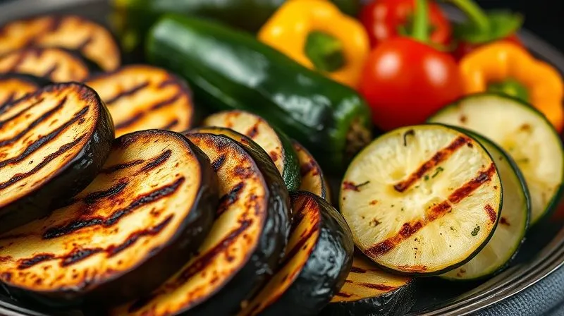 Photorealistic, professional photography, 8K, cinematic lighting, sharp focus, depth of field, shot on a high-end DSLR. A vibrant, healthy spread of grilled vegetables: perfectly cooked eggplant slices alongside zucchini, bell peppers, and cherry tomatoes, all showing beautiful grill marks. The scene is fresh, appealing, and emphasizes healthy eating. The focus is on the variety of grilled veggies.