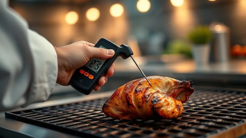 Photorealistic image of a professional chef using a digital thermometer to check the internal temperature of a perfectly grilled chicken breast on a barbecue grate. The background shows a modern outdoor kitchen with cinematic lighting. Sharp focus on the thermometer and chicken, depth of field blurring the background. 8K hyper-detailed, professional photography, shot on a high-end DSLR.