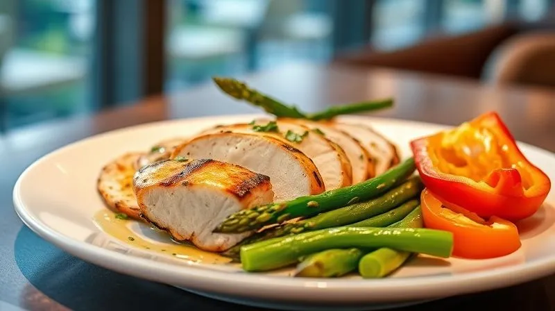 Photorealistic, professional photography of a beautifully plated low-carb meal: sliced, juicy grilled chicken breast served with vibrant green asparagus and bell peppers, drizzled with a light herb sauce. The meal is presented on a modern white plate with cinematic lighting, sharp focus on the food, depth of field blurring a contemporary dining setting. 8K hyper-detailed, shot on a high-end DSLR.