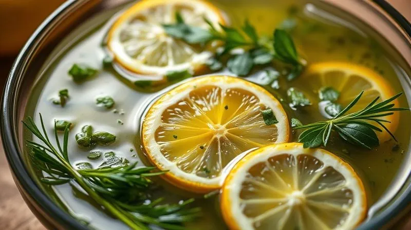 A close-up, photorealistic image of a bowl of light, fresh marinade with herbs, lemon slices, and a drizzle of olive oil, vibrant and healthy, cinematic lighting, sharp focus, 8K, shot on a high-end DSLR.