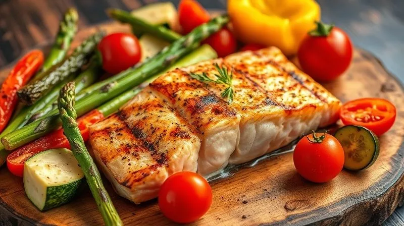 A vibrant, photorealistic image of a grilled salmon fillet surrounded by an array of colorful grilled vegetables (asparagus, bell peppers, zucchini, cherry tomatoes), artfully arranged on a rustic wooden board, bathed in warm, inviting cinematic lighting, 8K, shot on a high-end DSLR.