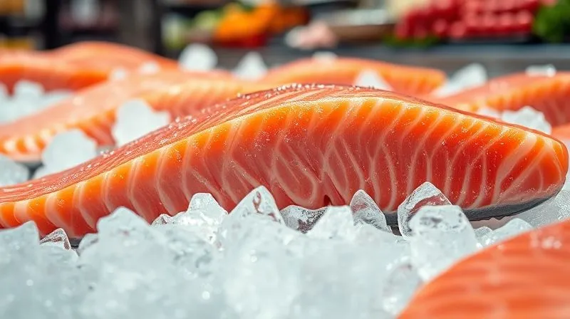 Photorealistic close-up of a fresh, vibrant pink salmon fillet on a bed of ice in a market, professional photography, 8K, cinematic lighting, sharp focus, depth of field, shot on a high-end DSLR.