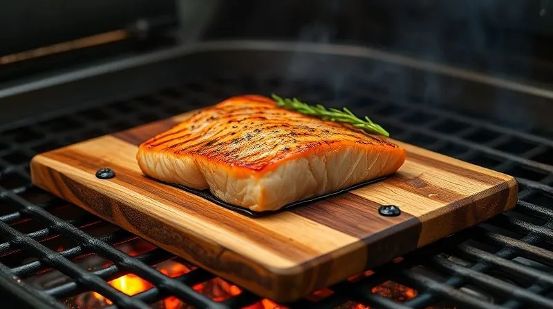 Photorealistic image of a perfectly cooked salmon fillet on a cedar plank on a hot grill, smoky atmosphere, professional photography, 8K, cinematic lighting, sharp focus, depth of field, shot on a high-end DSLR.