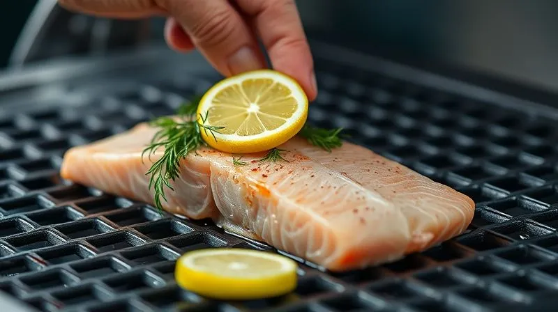 Photorealistic close-up of a chef's hand carefully placing fresh dill and lemon slices under a salmon fillet on a clean grill grate, preparing for grilling, professional photography, 8K, cinematic lighting, sharp focus, depth of field, shot on a high-end DSLR.