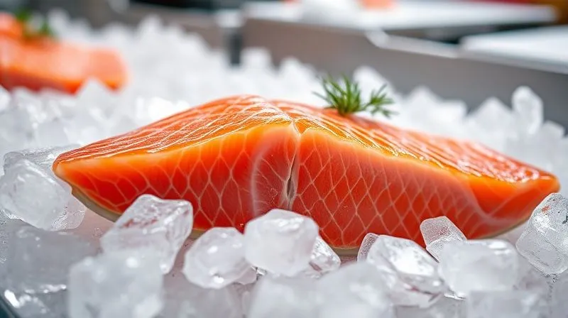 Photorealistic image of a fresh, vibrant pink salmon fillet with skin on, placed on a bed of ice in a professional fish market, sharp focus on texture, 8K, cinematic lighting.
