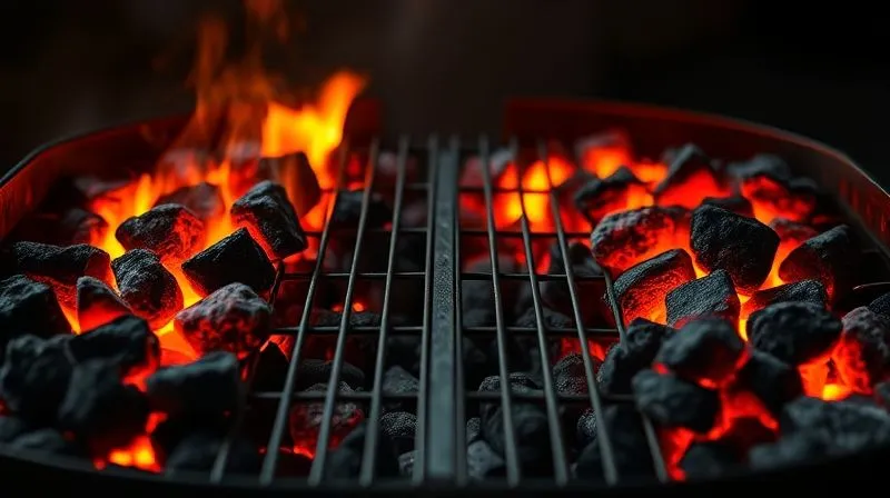 A professional photography shot of a charcoal grill with two distinct heat zones: one side with glowing hot coals for direct heat, and the other side with fewer coals for indirect heat. A clean grill grate is visible, ready for cooking. Cinematic lighting, sharp focus on the grill zones, depth of field blurring the background, 8K hyper-detailed.