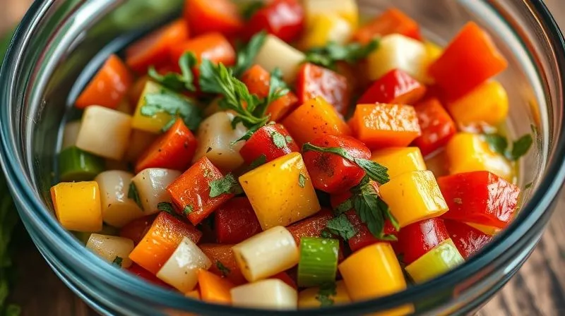 photorealistic, professional photography, 8K, cinematic lighting, sharp focus, depth of field, shot on a high-end DSLR, a close-up of colorful chopped vegetables marinating in a glass bowl with olive oil and fresh herbs, ready for grilling. The light highlights the vibrant colors and fresh textures.
