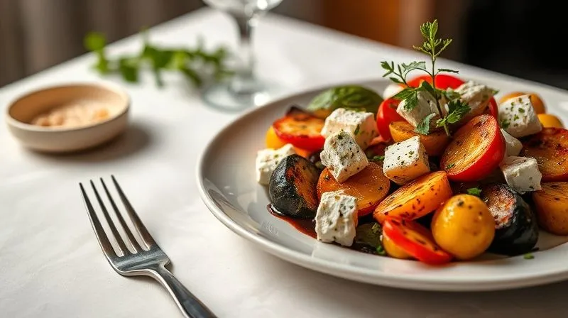 photorealistic, professional photography, 8K, cinematic lighting, sharp focus, depth of field, shot on a high-end DSLR, a beautifully plated, gourmet-style grilled vegetable platter with feta cheese, fresh herbs, and a drizzle of balsamic glaze, served on a light, elegant dinner table, emphasizing healthy and delicious eating.