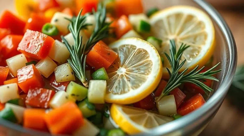 A close-up, photorealistic, professional photography, 8K, cinematic lighting, sharp focus, depth of field, shot on a high-end DSLR of a bowl of colorful chopped vegetables marinating in a light herb and citrus dressing, with fresh rosemary and lemon slices visible. The background is softly blurred, suggesting a kitchen counter.