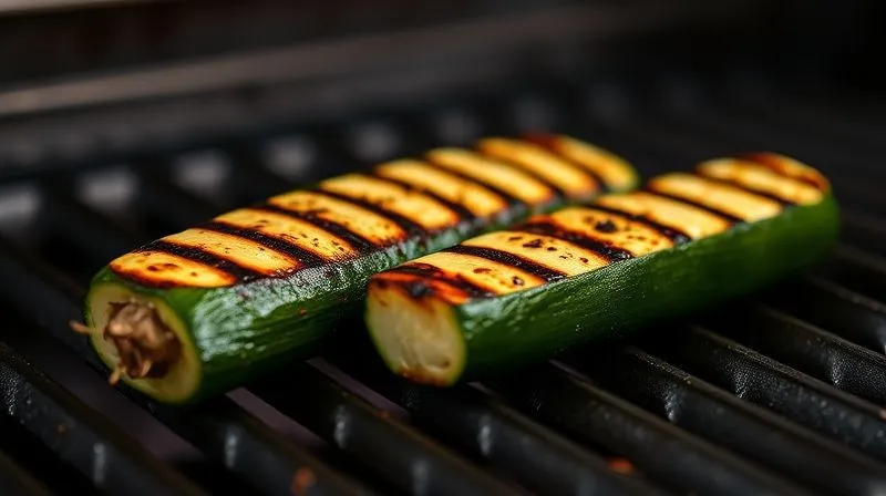 A professional, photorealistic photography, 8K, cinematic lighting, sharp focus, depth of field, shot on a high-end DSLR of a slightly burnt piece of grilled zucchini next to a perfectly grilled one, with a blurred background showing a grill. The image subtly conveys the difference between a common grilling mistake and a successful outcome.