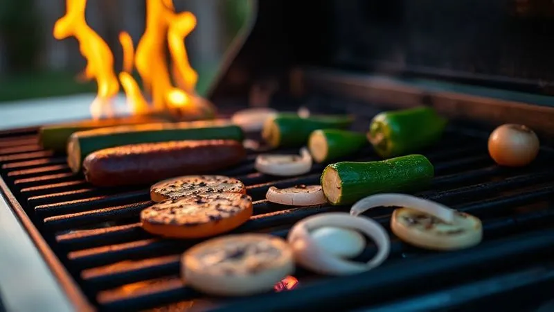 A professional photography shot of a gas grill with various vegetables (zucchini, bell peppers, onions) sizzling on the grates, showing perfect grill marks. The flames are subtle, and the scene is outdoors at dusk with warm, inviting light. Photorealistic, 8K, cinematic lighting, sharp focus on the grilling process.