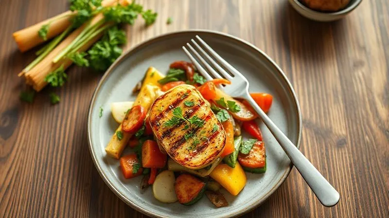 A close-up, top-down photorealistic shot of a perfectly plated, low-calorie grilled vegetable dinner, featuring colorful vegetables, a sprinkle of fresh herbs, and a light dressing. The dish is on a modern ceramic plate, with a fork beside it, set on a minimalist wooden table. Soft, natural light illuminates the scene. Professional photography, 8K, sharp focus on the food, depth of field.
