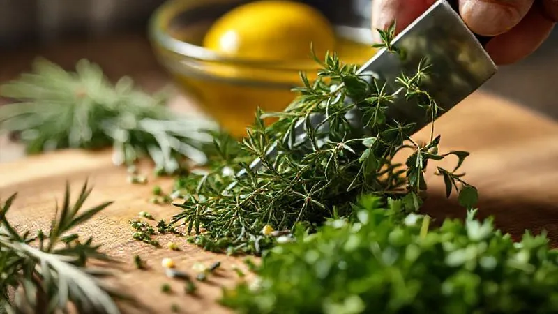 A close-up, photorealistic image of fresh herbs (rosemary, thyme, oregano) being chopped, with a bowl of olive oil and lemon juice in the background, cinematic lighting, sharp focus on the herbs, 8K, shot on a high-end DSLR.