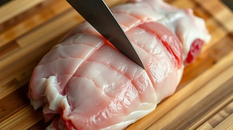 A close-up, photorealistic professional photography shot of a raw duck breast on a wooden cutting board, with a chef's knife carefully scoring the thick layer of fat in a diamond pattern, without cutting into the meat. The scoring lines are precise and shallow, highlighting the texture of the fat. Cinematic lighting, sharp focus on the knife and scored fat, depth of field, 8K hyper-detailed, shot on a high-end DSLR.
