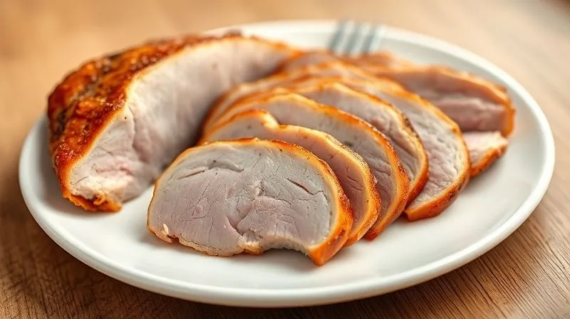 A photorealistic professional photography shot of a perfectly cooked, sliced duck breast, showing a lean, pink interior and a golden, crispy skin. The slices are arranged neatly on a minimalist white plate, with steam gently rising. A small amount of clear, rendered fat is visible on the plate, indicating successful degreasing. Cinematic lighting, sharp focus on the texture of the meat and skin, depth of field, 8K hyper-detailed, shot on a high-end DSLR.