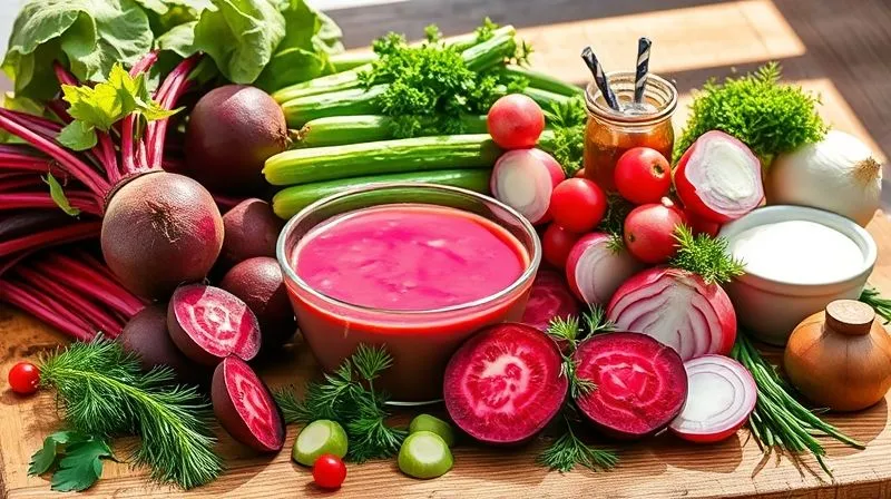 photorealistic, professional photography, 8K, cinematic lighting, sharp focus, depth of field, shot on a high-end DSLR, a vibrant display of fresh, colorful ingredients for Lithuanian cold beet soup: bright red cooked beets, crisp green cucumbers, pink radishes, fresh dill, green onions, and a variety of low-fat dairy products like kefir and natural yogurt, all artfully arranged on a rustic wooden table, with sunlight streaming in.